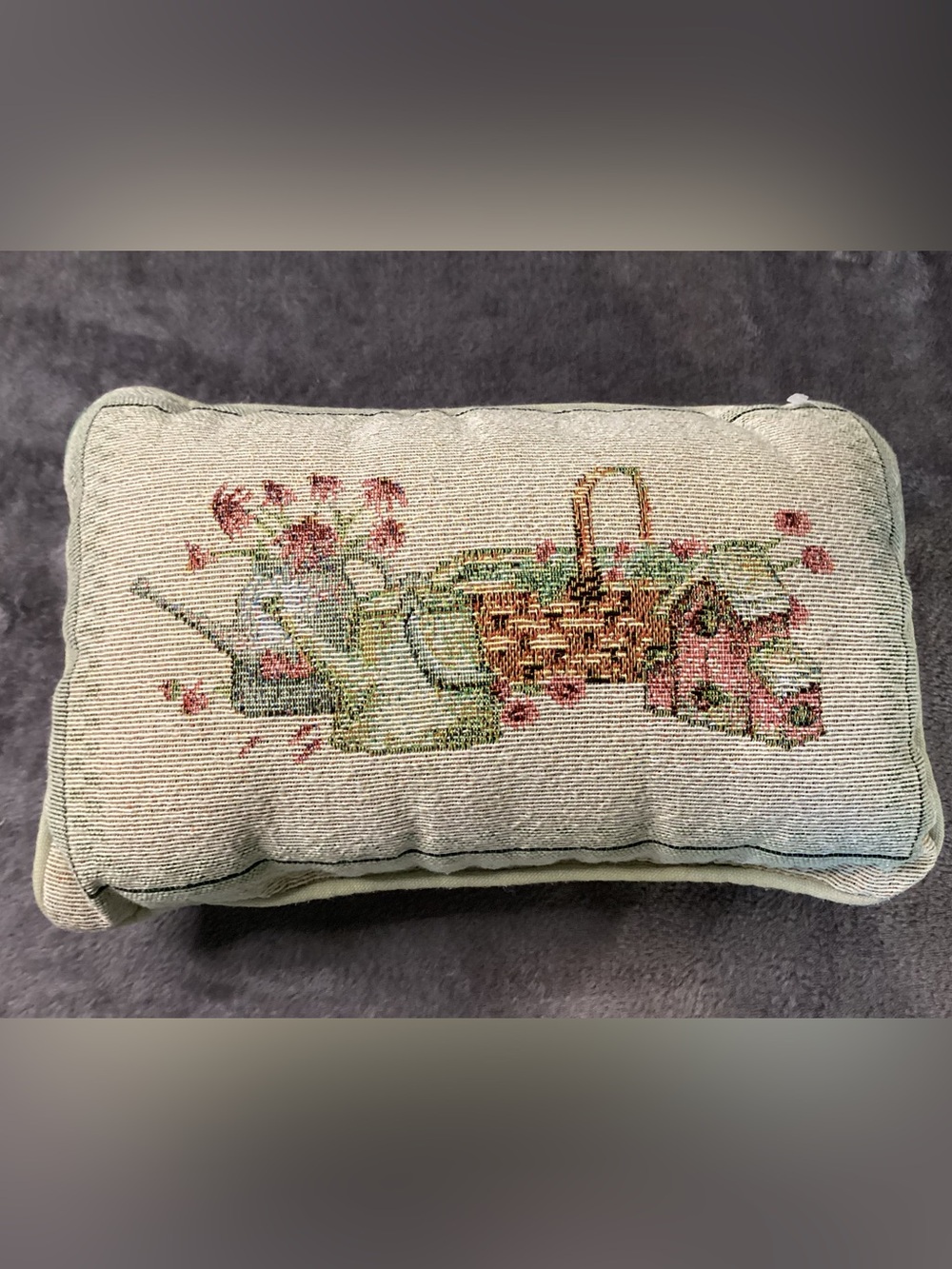 Embroidered Garden Basket & Watering Can Decorative Pillow - Green, Pink